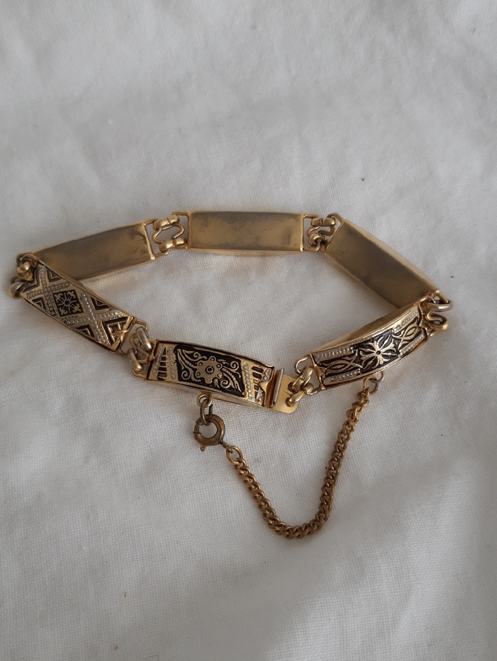 Damascene Etched Panel Link Bracelet with Safety Chain - Women's Bracelet